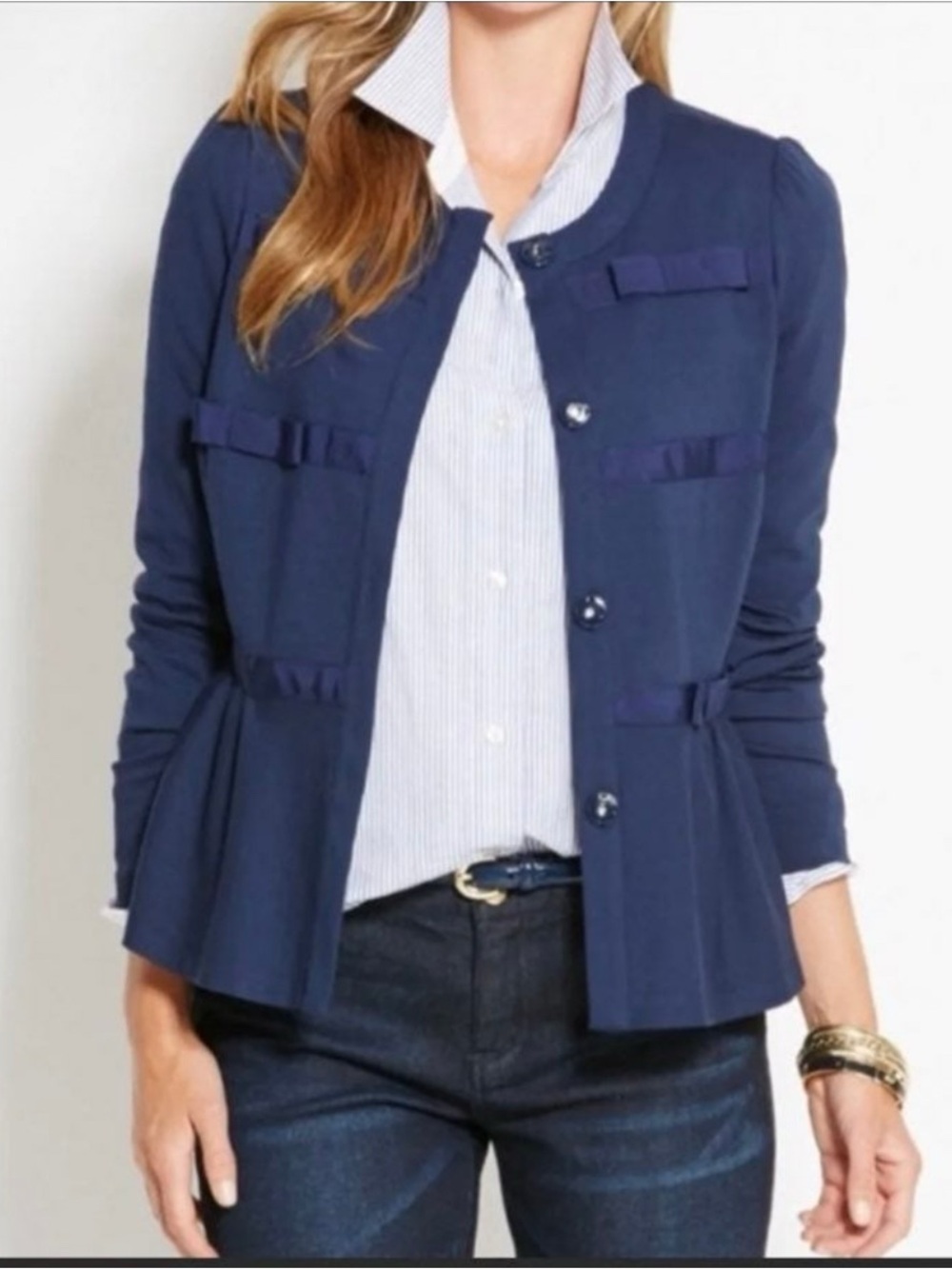 Vineyard Vines Navy Bow-Trim Peplum Blazer Jacket
